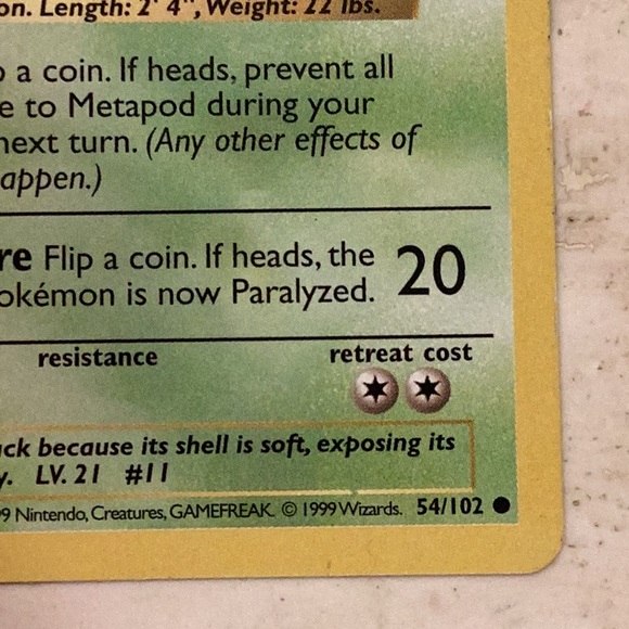 Metapod 1999 Shadowless Pokemon Card Base Set 54/102 - Picture 3 of 5